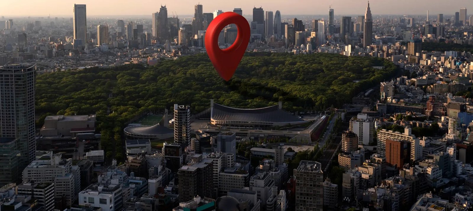 Aerial cityscape skyline with location pin